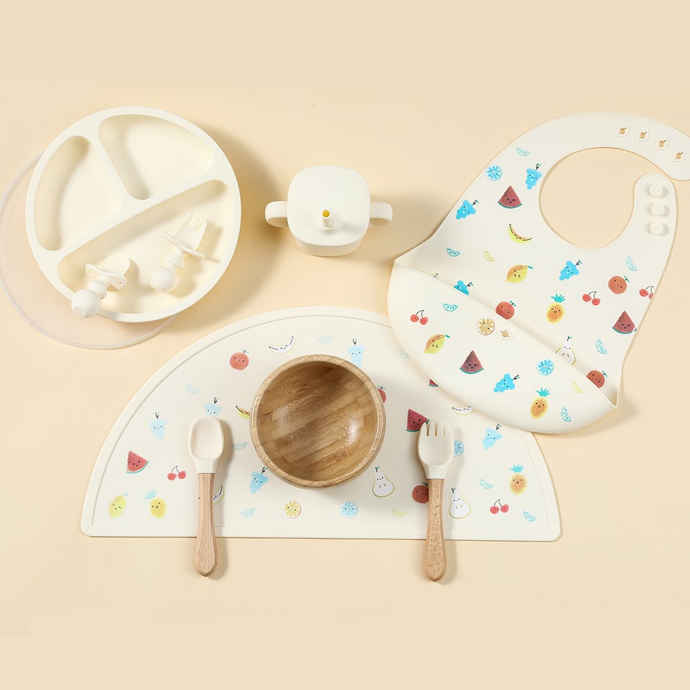 Custom 10 pcs Bamboo Bowl Baby Silicone Feeding set for 6 months old