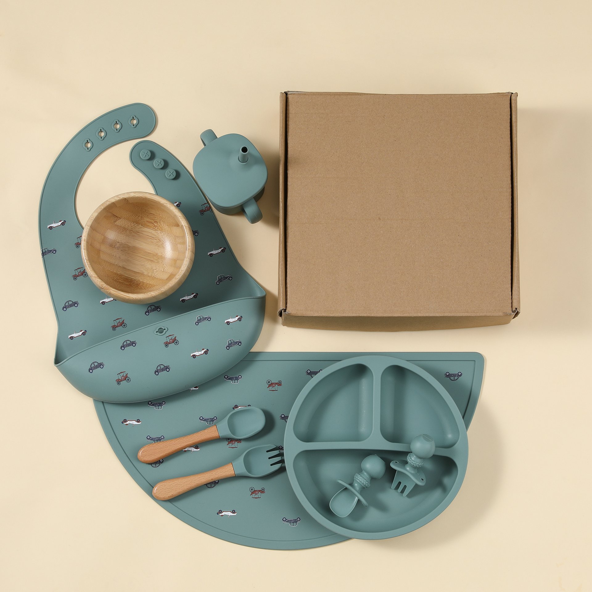 Silicone Bibs Suction Baby Feeding Plate And Spoon Kids Dining Gift Set