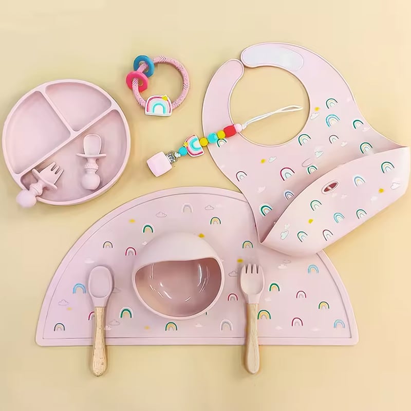 Custom BPA Free Rainbow Printed Silicone Feeding Weaning Set for Baby Gift