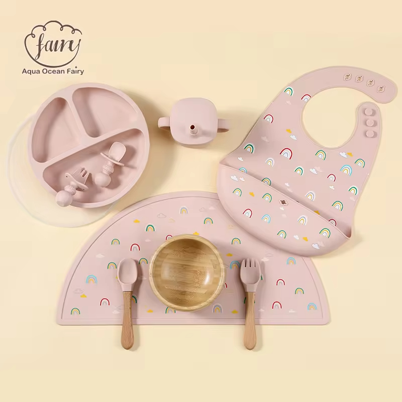 Custom 10 pcs Bamboo Bowl Baby Silicone Feeding set for 6 months old