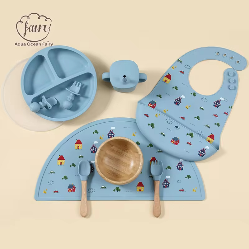 Custom 10 pcs Bamboo Bowl Baby Silicone Feeding set for 6 months old